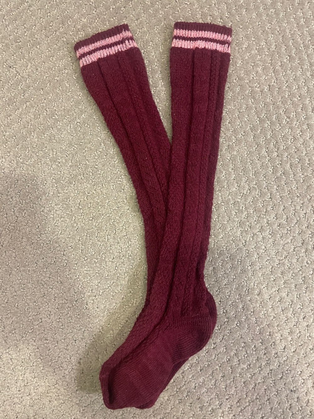 Maroon Knee-High Socks with Pink Stripes